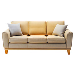 Naklejka premium A stylish beige sofa with two decorative pillows, designed for comfortable seating and modern aesthetics.