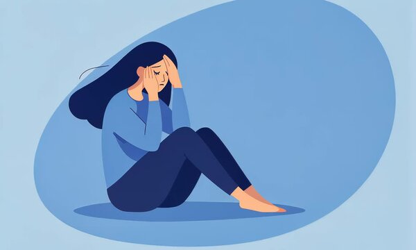 A sad young woman sitting with her head in her hands and expressing a feeling of loneliness or depression, on a blue background that is increasing