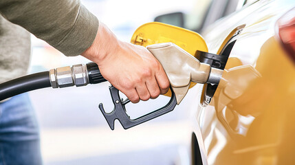 Obraz premium man hand holding a gas pump nozzle and filling up a car at the station is using a fuel benzin