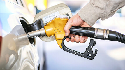 man hand holding a gas pump nozzle and filling up a car at the station is using a fuel benzin