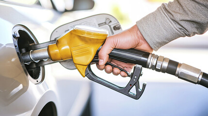 man hand holding a gas pump nozzle and filling up a car at the station is using a fuel benzin