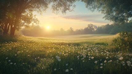 Sunlit Field of Daisies at Dawn with Trees Framing the Scene