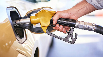 man hand holding a gas pump nozzle and filling up a car at the station is using a fuel benzin