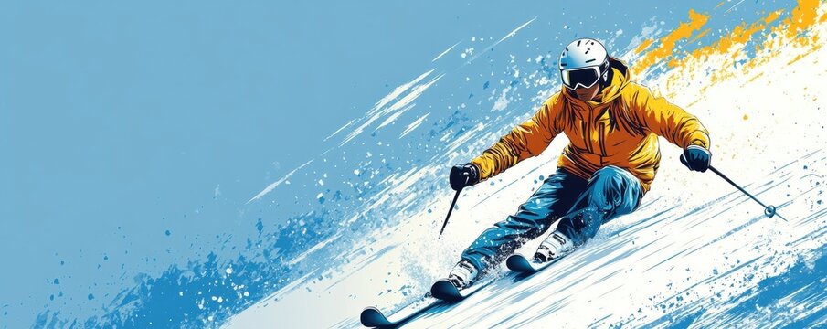 Dynamic comic-style illustration of a skier gliding down a snowy slope in vibrant colors