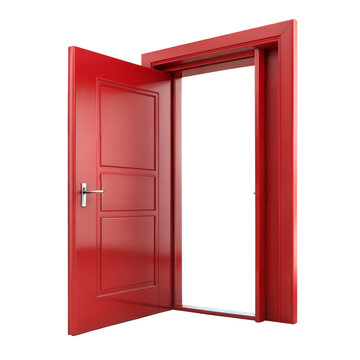 A vibrant red door stands open against a black background, symbolizing opportunity and imagination, inviting viewers to explore new possibilities.
