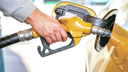 man hand holding a gas pump nozzle and filling up a car at the station is using a fuel benzin