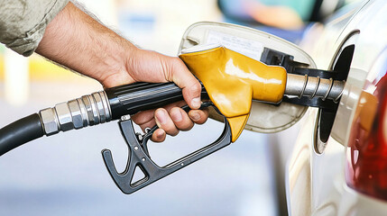 man hand holding a gas pump nozzle and filling up a car at the station is using a fuel benzin