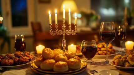 Naklejka premium Candlelit Table Setting with Wine, Bread, and Appetizers