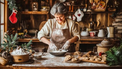 Christmas Baking Joy Smiling Woman Preparing Festive Treats in a Rustic Holiday Kitchen