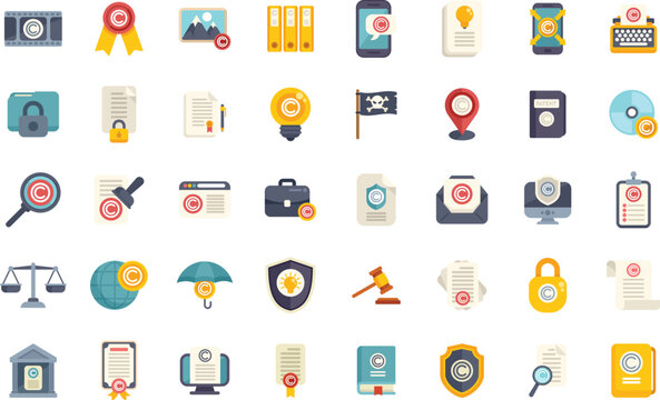 Icons showing copyright law, protecting digital content and intellectual property rights