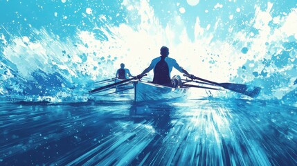 Dynamic comic-style rowing scene with two athletes in a splash-filled abstract background, emphasizing speed and competition