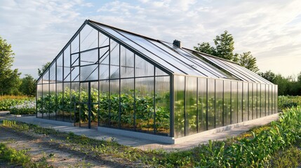 A greenhouse with transparent fiber cement siding, combining functionality with aesthetic appeal for sustainable farming