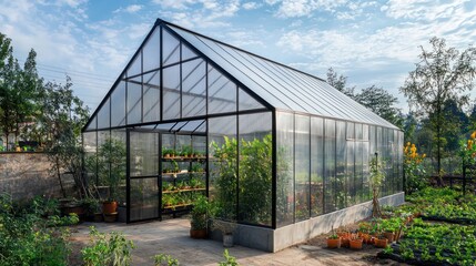 Fototapeta premium A greenhouse with transparent fiber cement siding, combining functionality with aesthetic appeal for sustainable farming