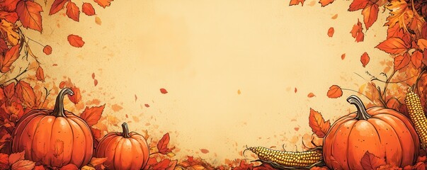 Festive autumn backdrop with pumpkins, corn, and vibrant leaves in comic book style