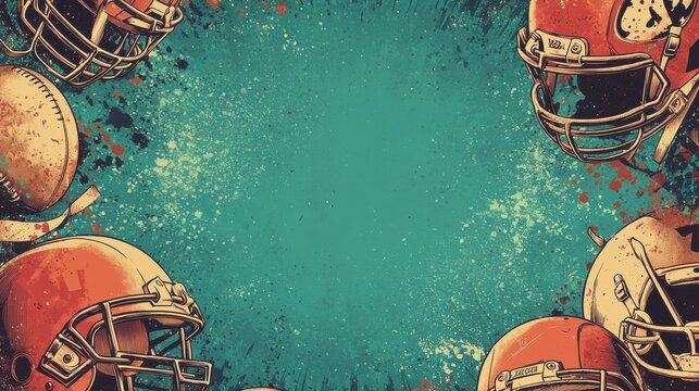 Football-themed comic book style background featuring helmets and vibrant splatter design