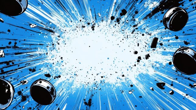 Dynamic hockey-themed comic book-style background with exploding pucks in vibrant blue and white tones.