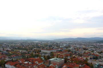 Obraz premium Aerial view of central Ljubljana, capital of Slovenia, from Ljubljana Castle. Autumn in the picturesque city.