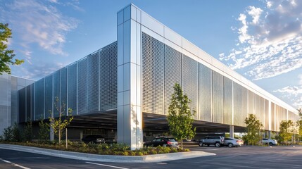 A high-tech parking garage exterior made from perforated aluminum siding, designed to ventilate naturally while providing a modern look to urban infrastructure