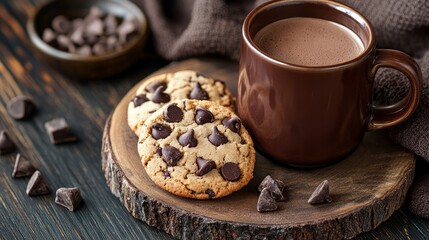 A wooden table displays chocolate-chip cookies and a cup filled with a hot beverage.