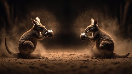 Two kangaroos face off, wearing boxing gloves, amid swirling dust, creating a dynamic and playful scene, This image is perfect for marketing sports events, youth programs, or animal-themed promotions