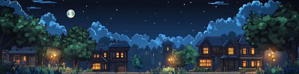 Fototapeta premium Nighttime Street Scene with Houses and Full Moon