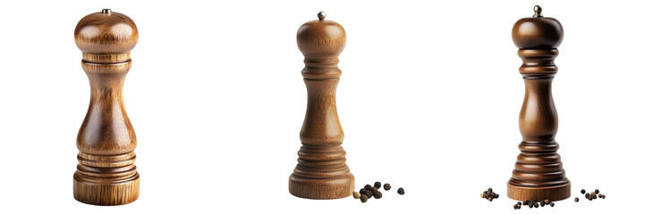 Set of wooden pepper mill isolated on transparent background