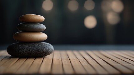 A calming composition of stacked stones on a bamboo mat against a blurred background, perfect for wellness themes, mindfulness, and relaxation imagery for websites or print materials,