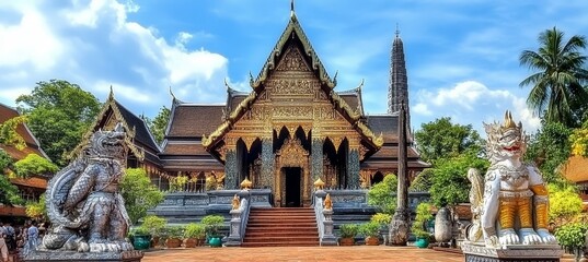 Fototapeta premium Stunning Traditional Temple in Chiang Mai, Thailand with Golden Details, Architectural Landmark
