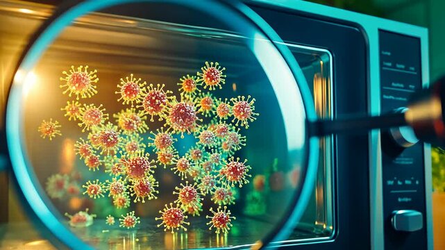 A magnifying glass is focused on colorful virus models inside a microwave, illuminated by bright light. The image has a scientific and educational theme, likely in a lab or classroom setting.
