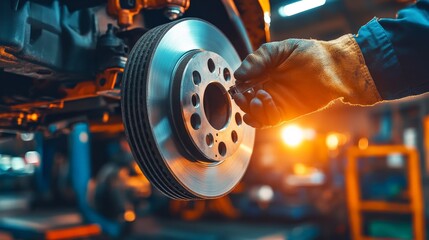 Mechanic working on a car brake disc in an auto repair shop, showcasing automotive maintenance and repair work in progress.