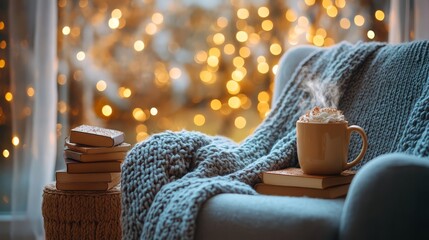 A cozy reading nook adorned with holiday books, a warm mug of cocoa, and twinkling lights inviting festive relaxation and quiet moments by the fire