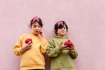 portrait of two girls standing against pink wall holding pomegranates in hands