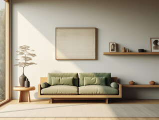 Japandi rustic minimalist, wabi sabi style simple interior sage green couch against light color wall with shelf and decor 
