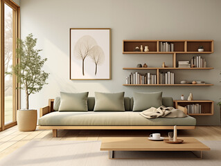 Fototapeta premium Japandi rustic minimalist, wabi sabi style simple interior living room with sage couch against neutral wall with shelves and decor