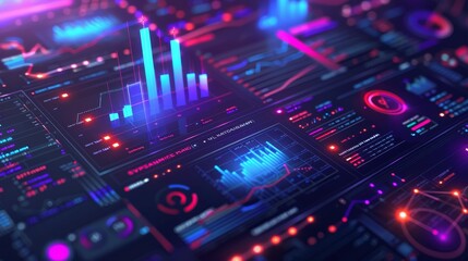 Fototapeta premium A vibrant digital data visualization with colorful graphs and charts, showcasing high-tech analytics in a futuristic style.