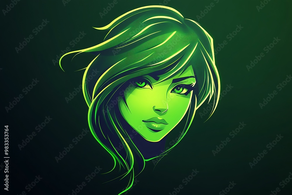 Sticker Green glowing woman digital art with green hair and eyes on a dark background