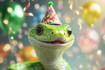 Cheerful smiling green snake in shiny party hat on festive background with colorful glowing confetti and balloons, greeting card Happy New Year and Merry Christmas