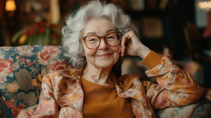 Smiling elderly woman with glasses relaxing at home in cozy floral armchair, peaceful moment
