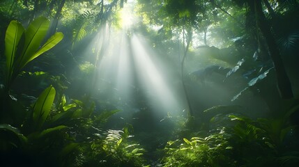 Fototapeta premium Rays of sunlight streaming through trees in enchanted forest