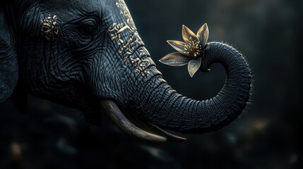Fototapeta premium A majestic elephant with intricate golden patterns on its skin, gently holding a golden lotus flower with its trunk, This captivating image can be used for nature, wildlife, or conservation themes,