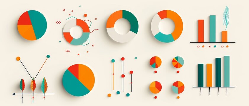 A collection of colorful data visualizations, including pie charts, bar graphs, and scatter plots, showcasing analytical designs.