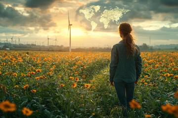 Fototapeta premium A wind turbine standing tall in a rural village, with the world map faintly visible in the sky above, connecting local energy solutions to global change.