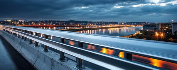 Naklejka premium A modern bridge featuring aluminum siding guardrails, reflecting the city lights and water below, enhancing safety and aesthetic appeal