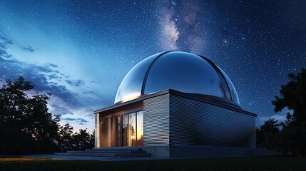 Obraz premium A modern observatory dome constructed from high-gloss aluminum siding, strategically placed to reflect the night sky and blend seamlessly with the celestial surroundings