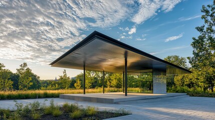 Obraz premium A modern park pavilion with a roof made from corrugated aluminum siding, designed to reflect the sky and blend into the surrounding landscape seamlessly