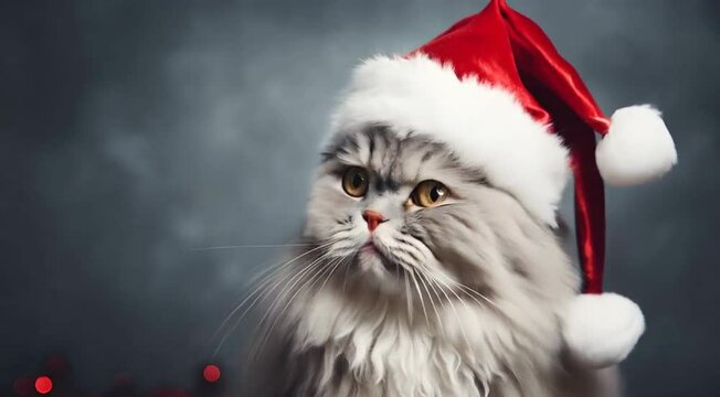 chap&eacute;u de natal gato papai noel gato papel de parede, no estilo de cinestill 50d, cinza claro e carmesim