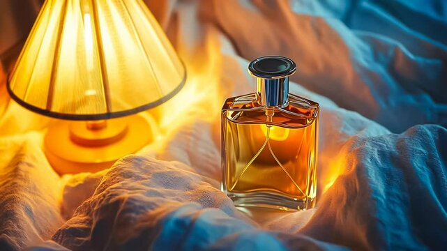 An elegant perfume bottle sits beside a warm, glowing lamp on a cozy, rumpled bed. The scene exudes warmth and luxury, capturing the essence of a peaceful nighttime atmosphere. Golden lighting adds a