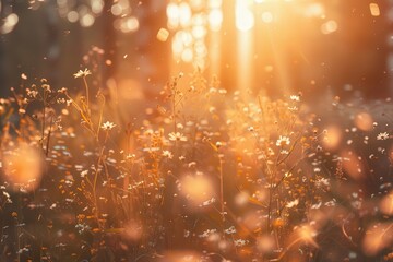 A field of flowers with sunlight shining through the trees, generative ai image