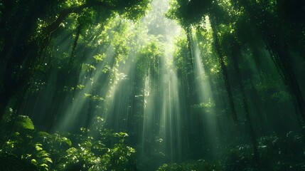 Fototapeta premium Sunlight streaming through trees in enchanted forest glade