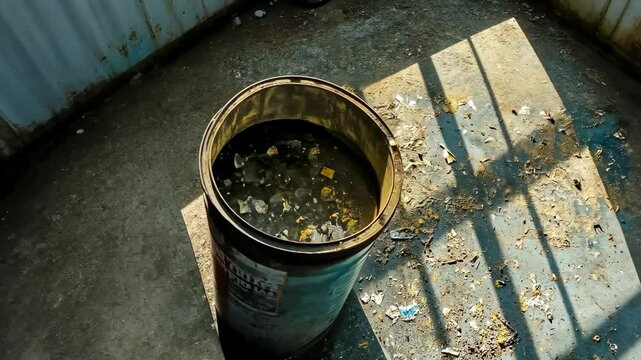 A rusty trash can is filled with various debris and litter. The ground around it is dirty, with sunlight casting shadows through a nearby barrier. The scene appears to be outdoors during the day.